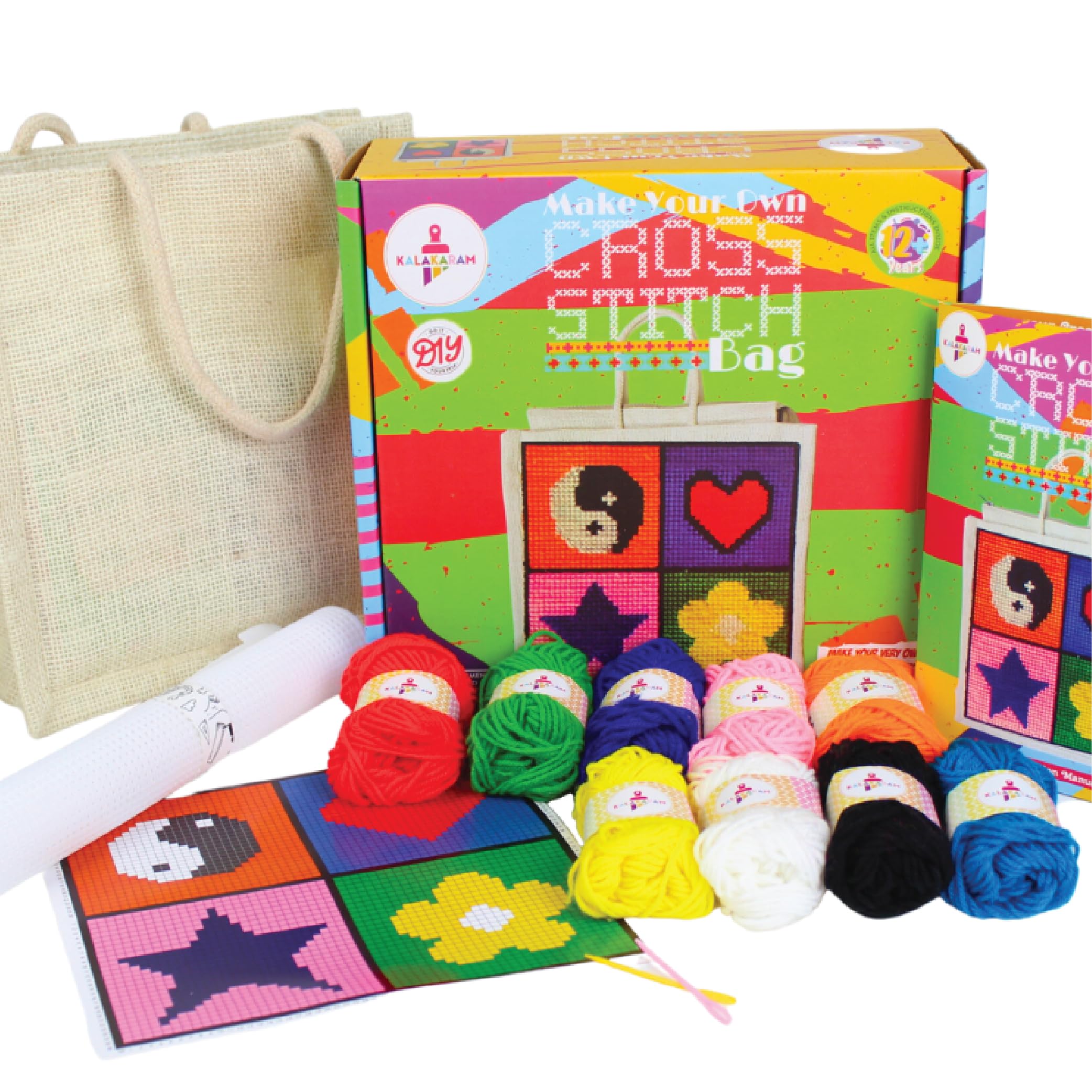 Kalakaram Make Your own Cross Stitch Bag, Easy and Beginner Friendly DIY Cross Stitch Embroidery Kit, Kids Art and Craft Educational Kit