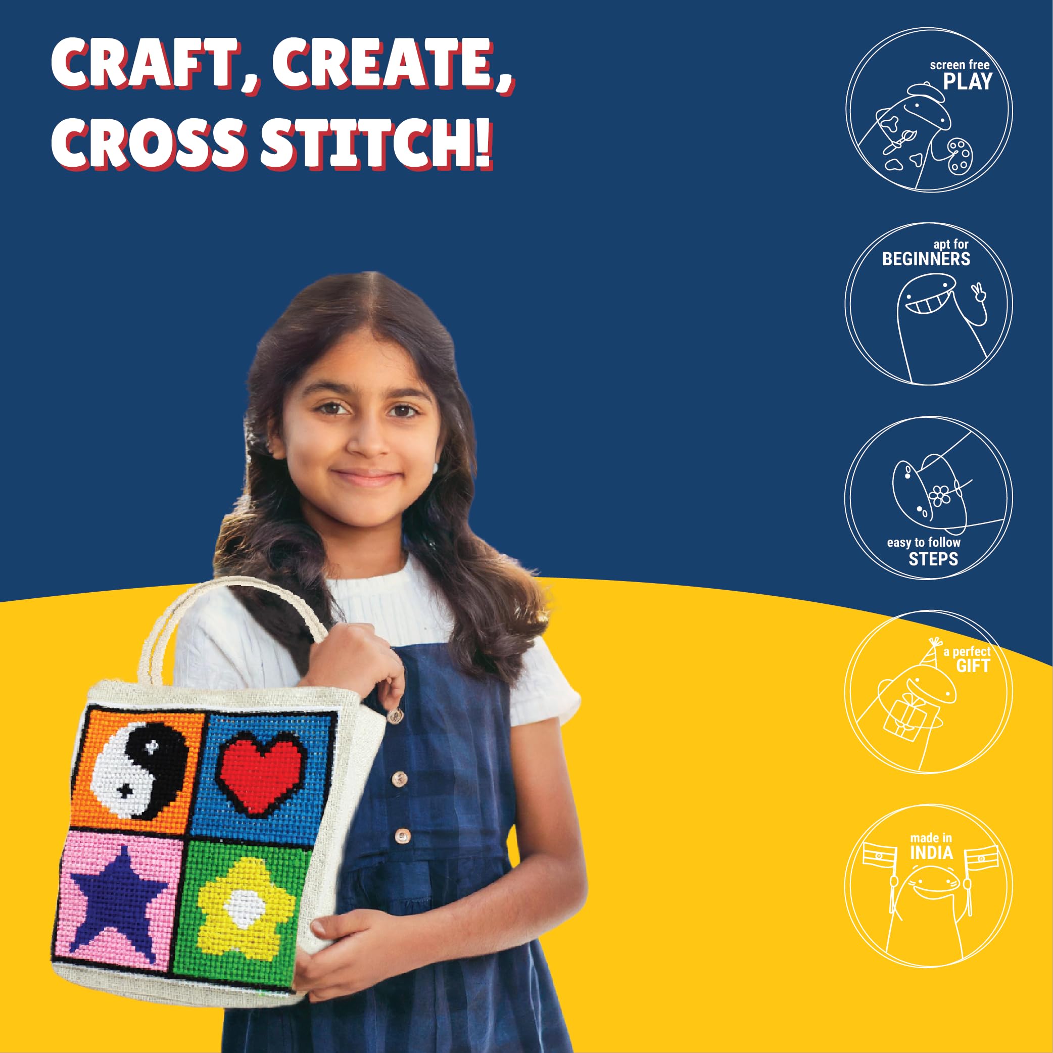 Kalakaram Make Your own Cross Stitch Bag, Easy and Beginner Friendly DIY Cross Stitch Embroidery Kit, Kids Art and Craft Educational Kit