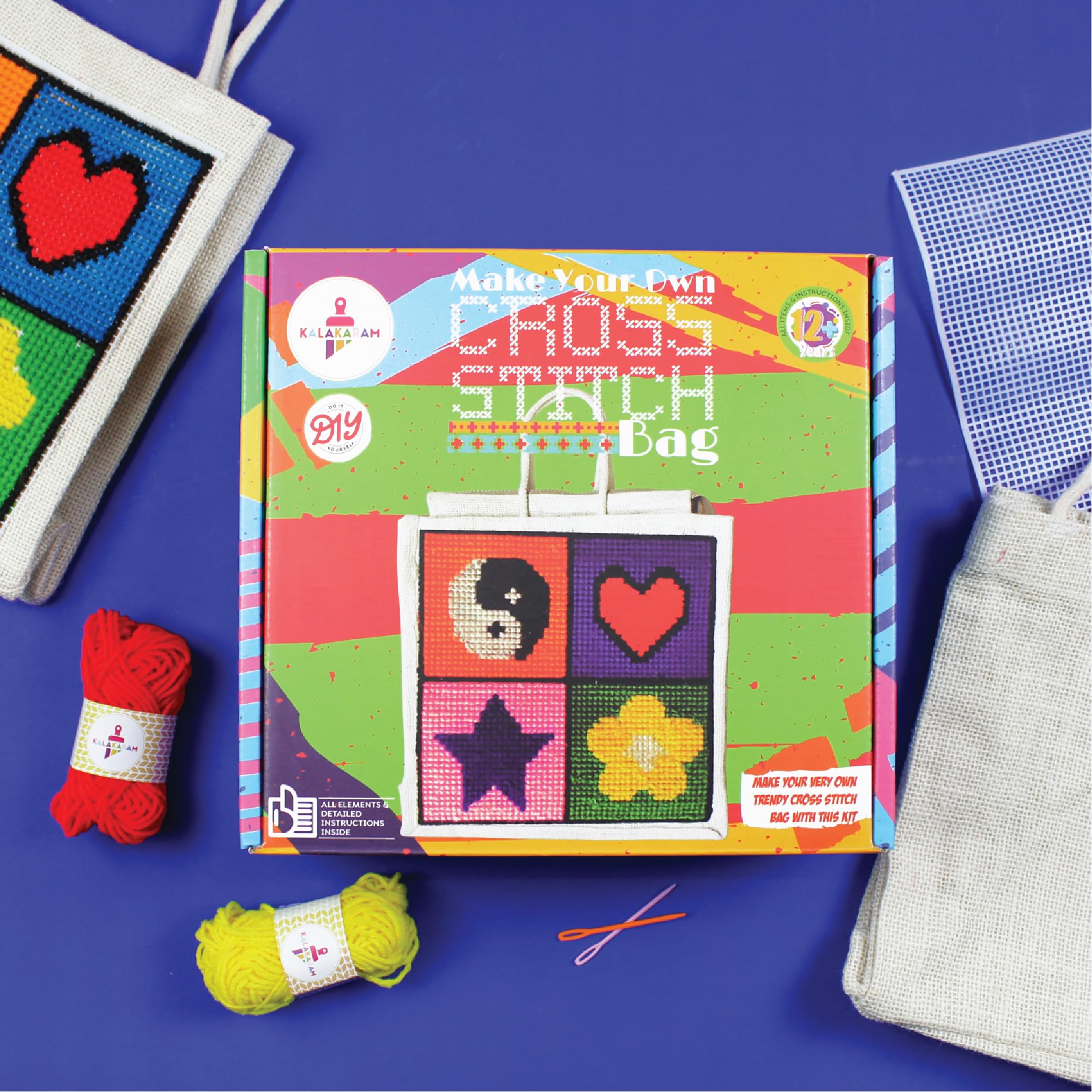Kalakaram Make Your own Cross Stitch Bag, Easy and Beginner Friendly DIY Cross Stitch Embroidery Kit, Kids Art and Craft Educational Kit