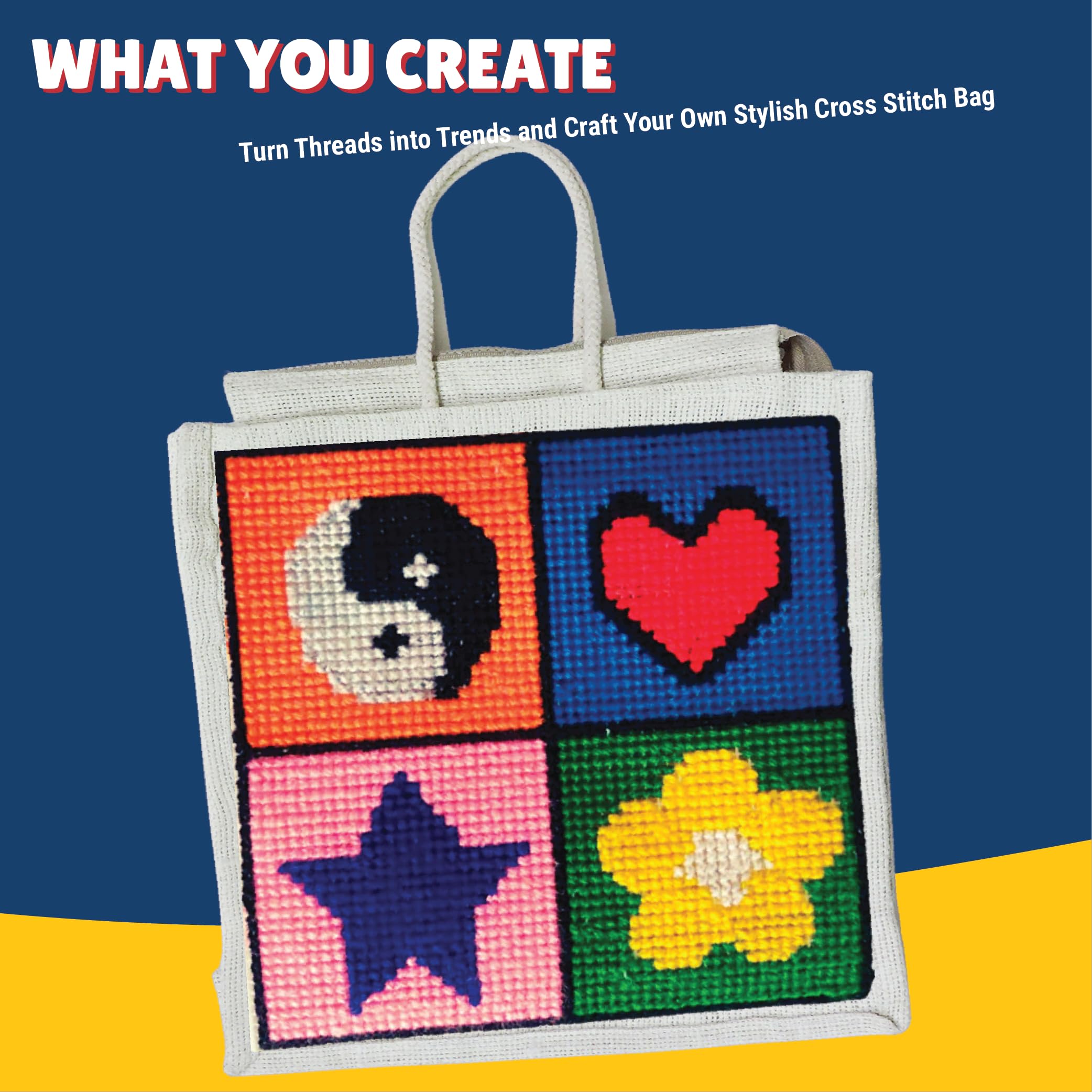 Kalakaram Make Your own Cross Stitch Bag, Easy and Beginner Friendly DIY Cross Stitch Embroidery Kit, Kids Art and Craft Educational Kit